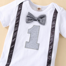 Load image into Gallery viewer, Babymoon 1st Birthday Cake Smash Outfit |Romper & Suspender Costume | 1 Yr - Grey
