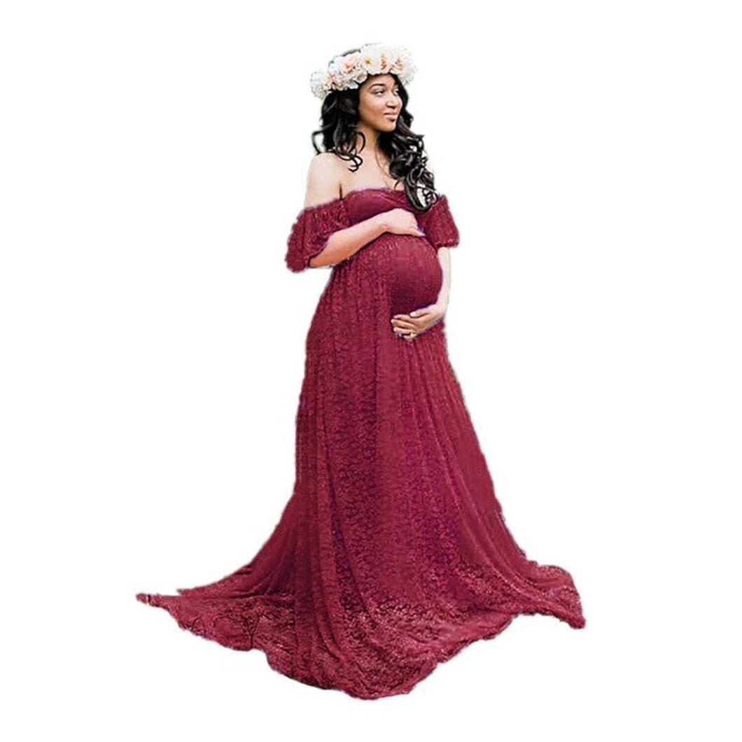 Babymoon Off Shoulder Maternity Gown Dress - Maroon