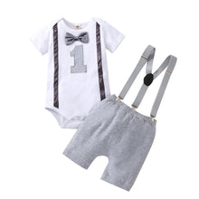 Load image into Gallery viewer, Babymoon 1st Birthday Cake Smash Outfit |Romper & Suspender Costume | 1 Yr - Grey