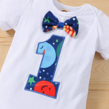 Load image into Gallery viewer, Babymoon 1st Birthday Cake Smash Outfit |Romper & Suspender Costume | 1 Yr - Blue