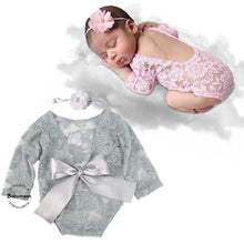 Load image into Gallery viewer, Babymoon Set of 2 | Lace Romper with Hairband Photoshoot Props Costume | 0-1 Month | Grey