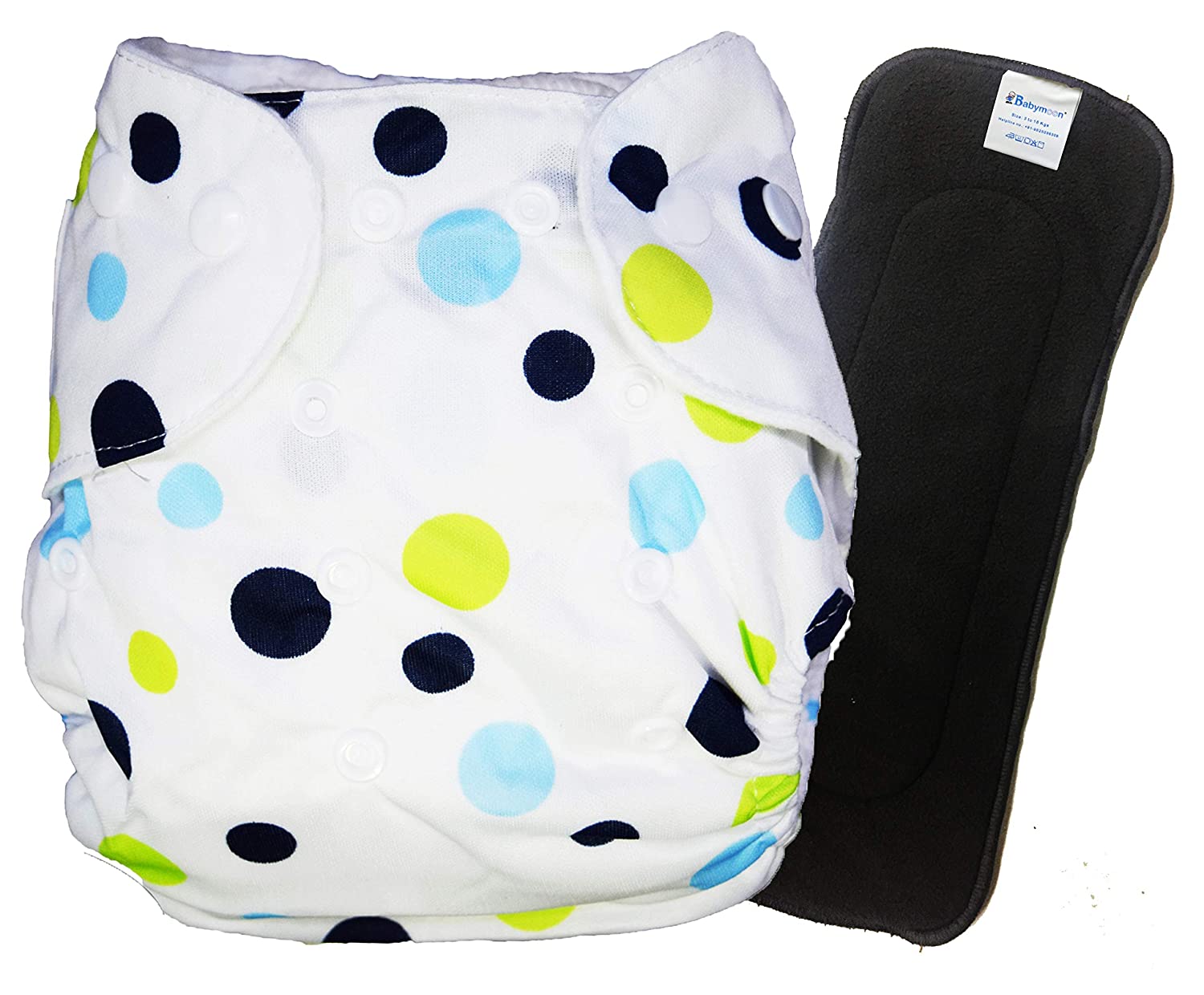 Babymoon Cloth Diaper with 5Layers Grey Insert Premium Adjustable Reusable Cloth Diaper (Blue Polka Dots)