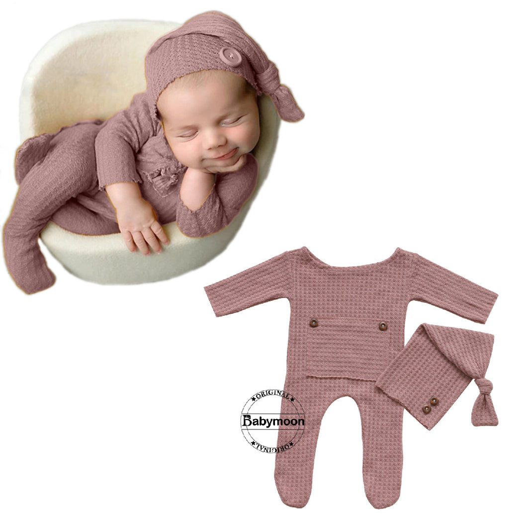 Babymoon Strechable Bodysuit & Cap New Born Outfits Costumes-Pink