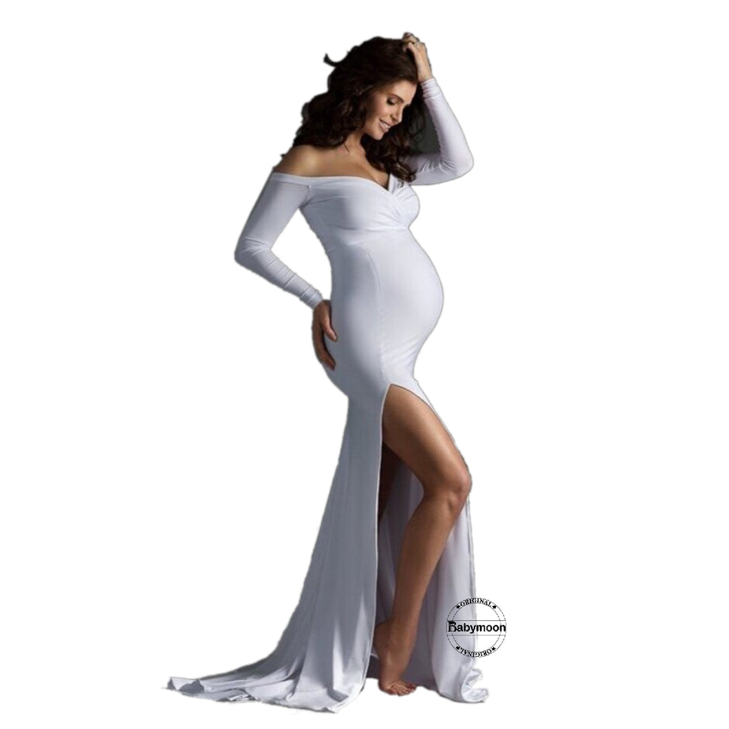 Babymoon Off Shoulder Full Sleeve Maternity Gown Dress - White