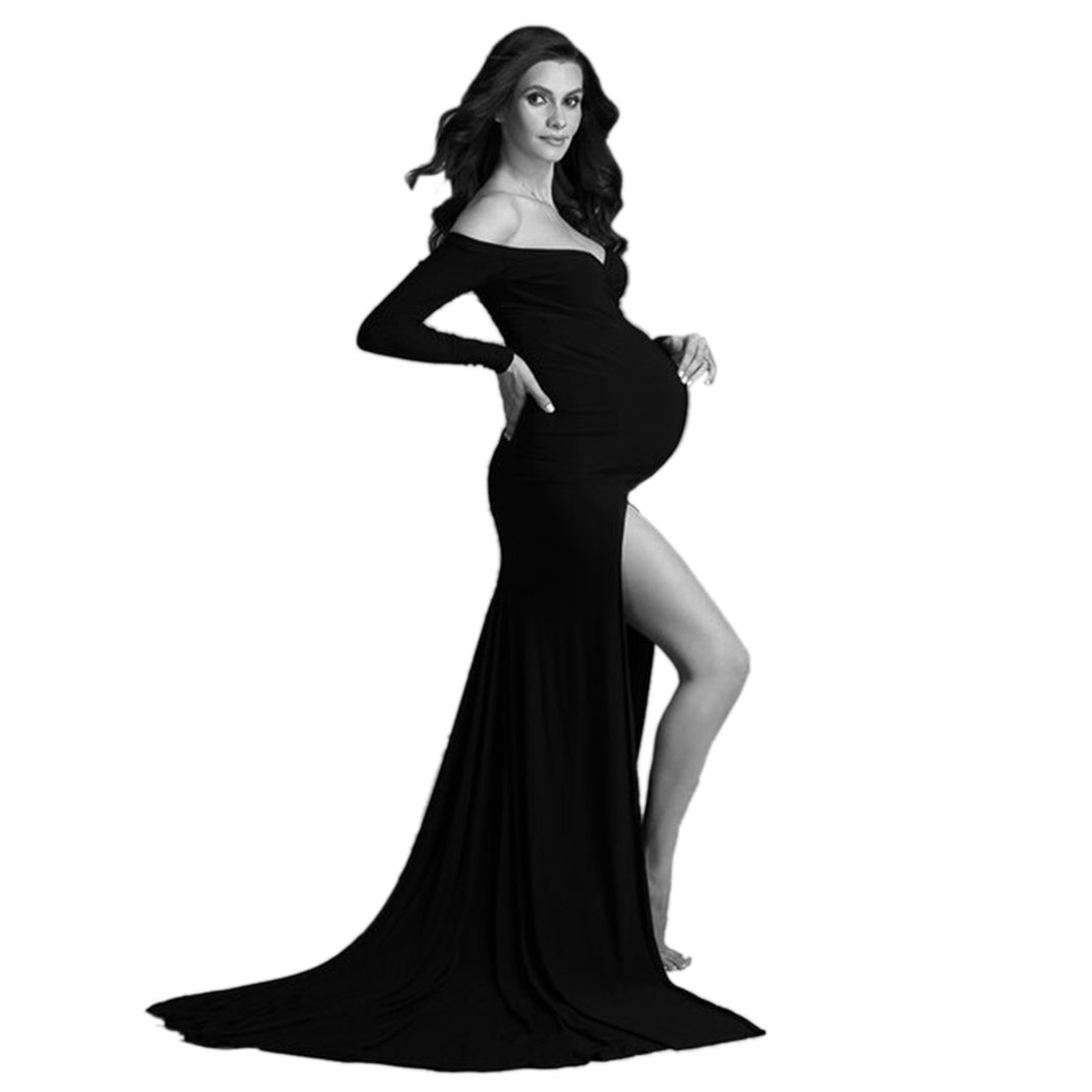Babymoon Off Shoulder Full Sleeve Maternity Gown Dress - Black