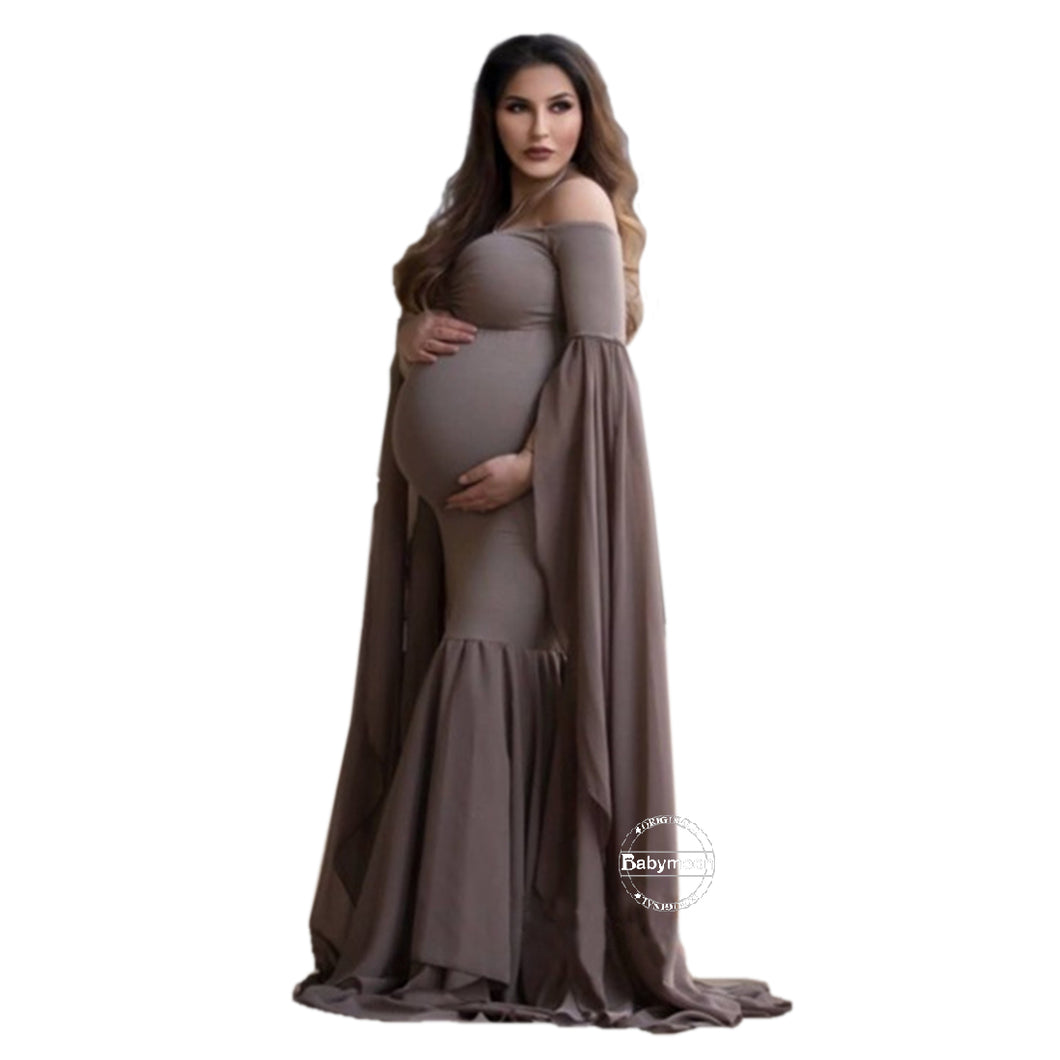 Babymoon Off Shoulder Long Tail Maternity Gown Dress - Brown