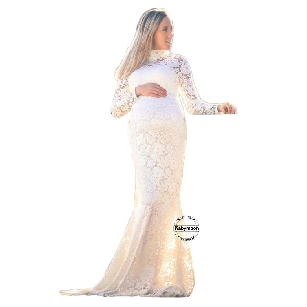Babymoon High Neck Full Sleeve Maternity Gown Dress - White