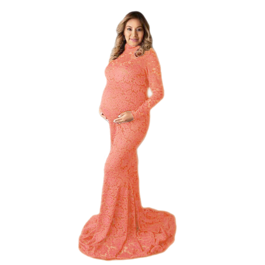 Babymoon High Neck Full Sleeve Maternity Gown Dress - Peach