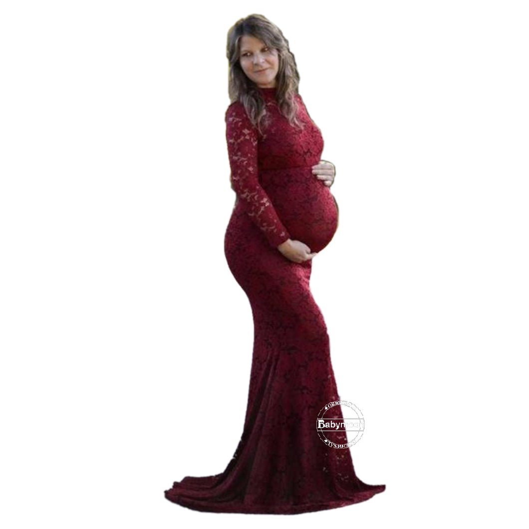 Babymoon High Neck Full Sleeve Maternity Gown Dress - Maroon