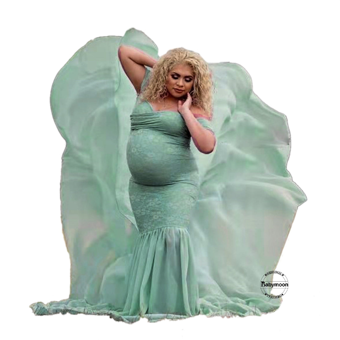 Babymoon Off Shoulder Long Tail Maternity Gown Dress - Green BABYMOON Babymoon Off Shoulder Long Tail Maternity Gown Dress - Green BABYMOON