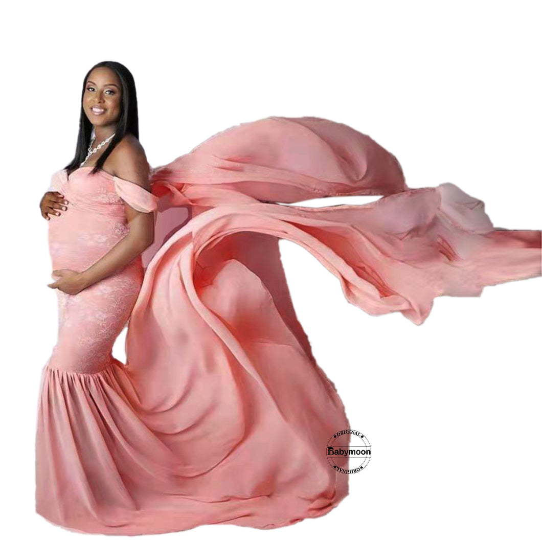 Babymoon Off Shoulder Long Tail Maternity Gown Dress - Light Pink