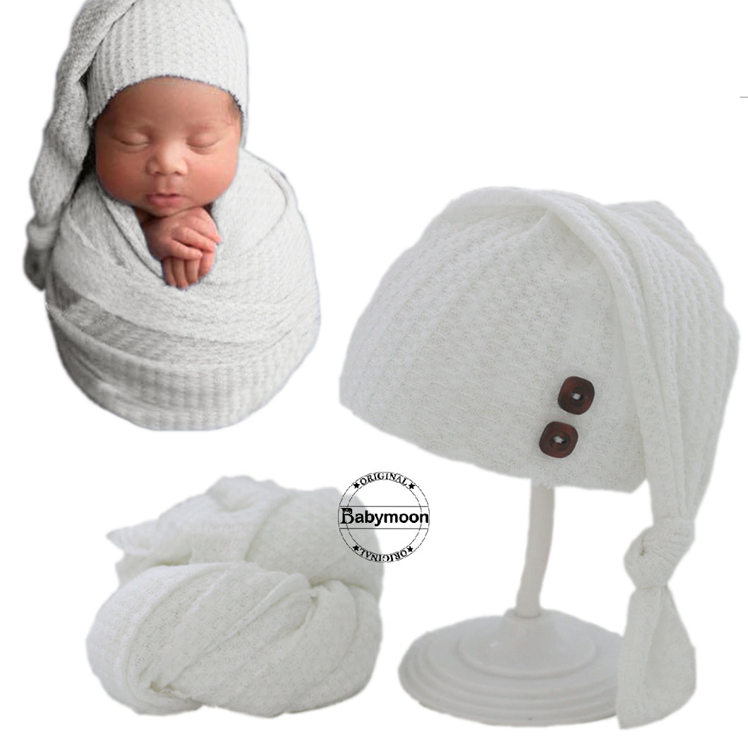 Babymoon Stretchable Baby Wrap & Knotty Cap New Born Photography Photohoot Prop-White