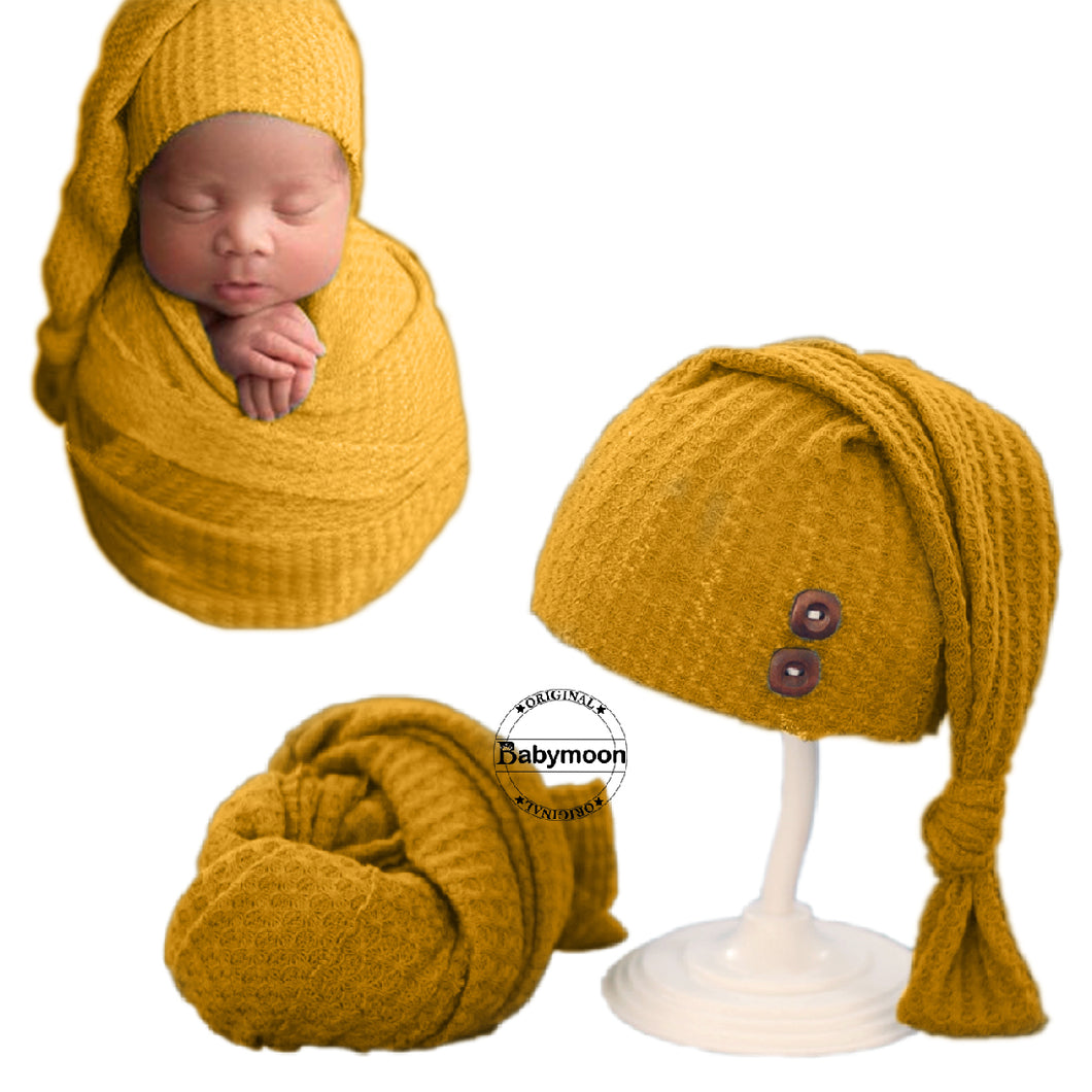 Babymoon Non Stretchable Baby Wrap & Knotty Cap New Born Photography Photohoot Prop-Yellow