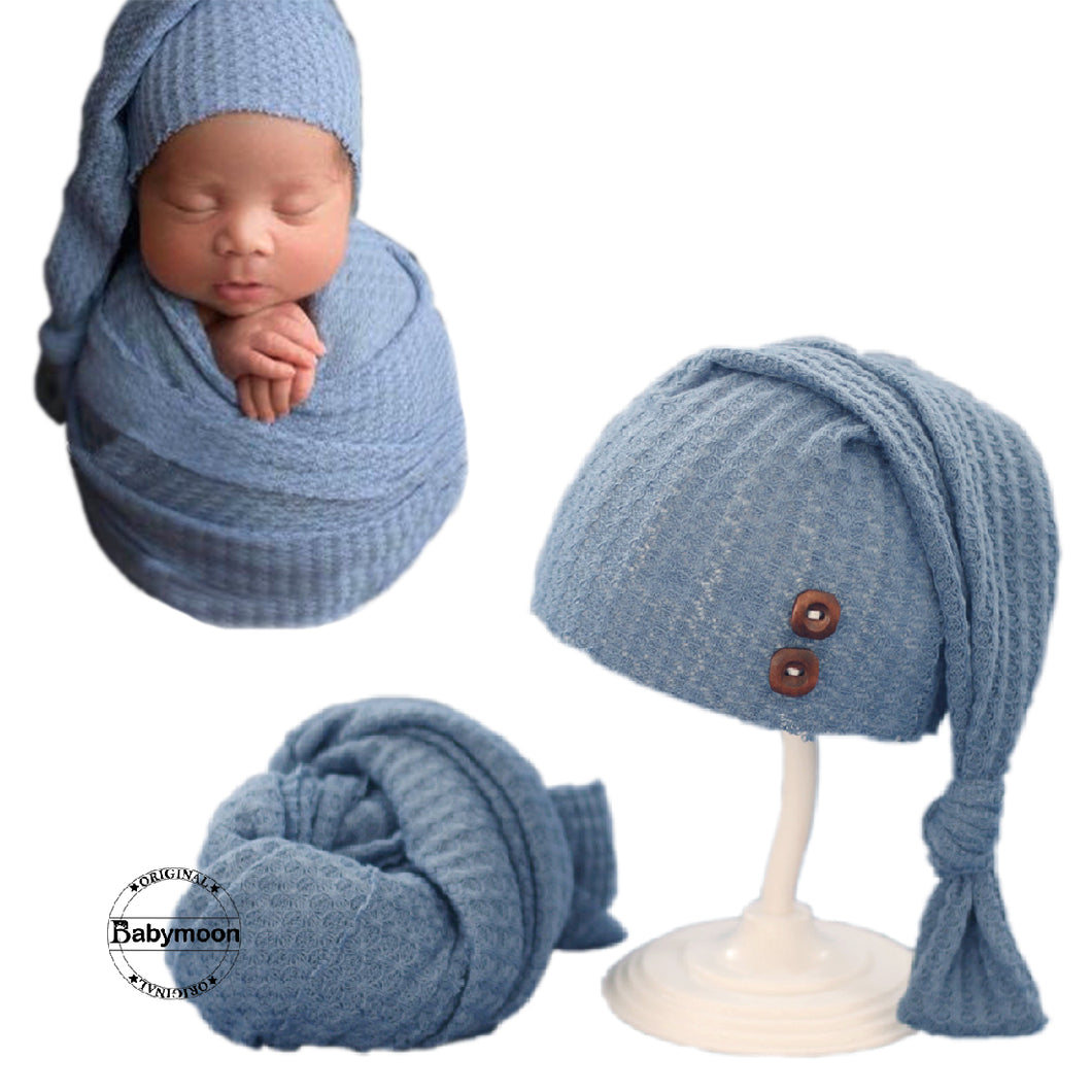 Babymoon Stretchable Baby Wrap & Knotty Cap New Born Photography Photohoot Prop-Blue