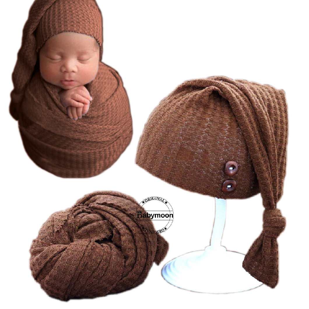 Babymoon Stretchable Baby Wrap & Knotty Cap New Born Photography Photohoot Prop-Brown