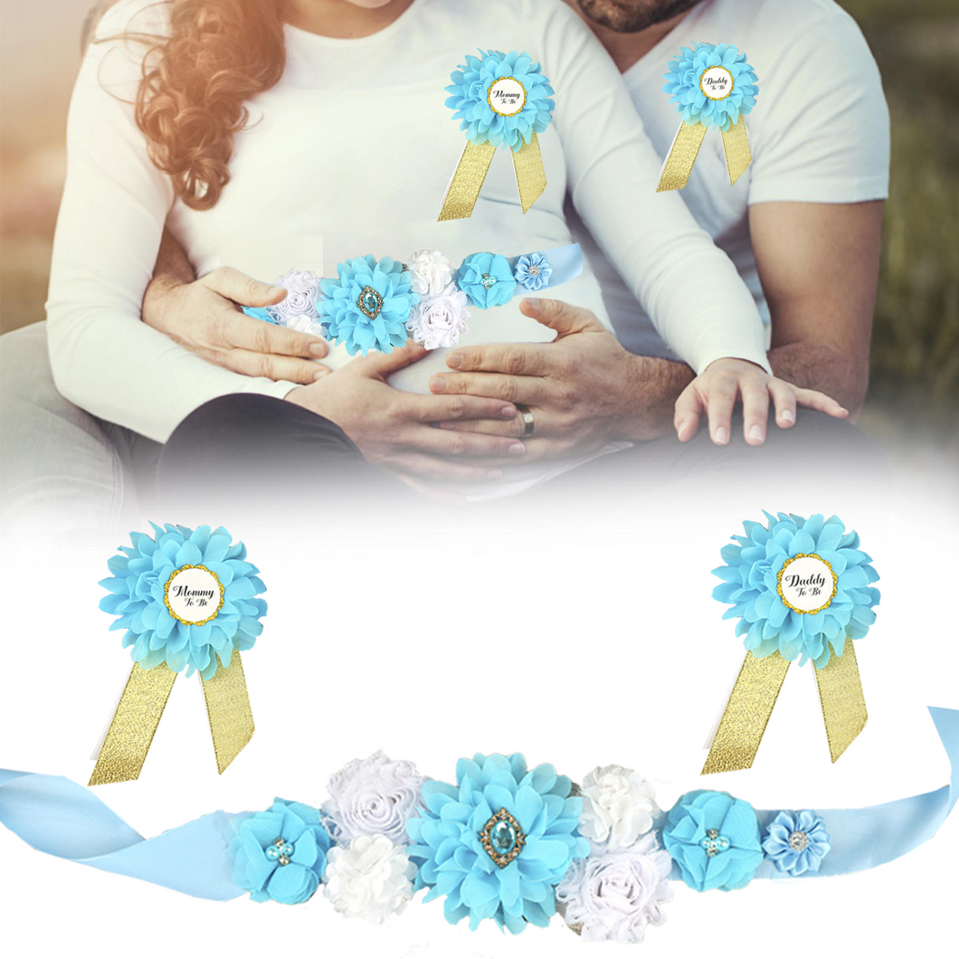 Babymoon Set of 3 Pregnant Mothers Maternity Belt with Mom & Dad Badges - Light Blue