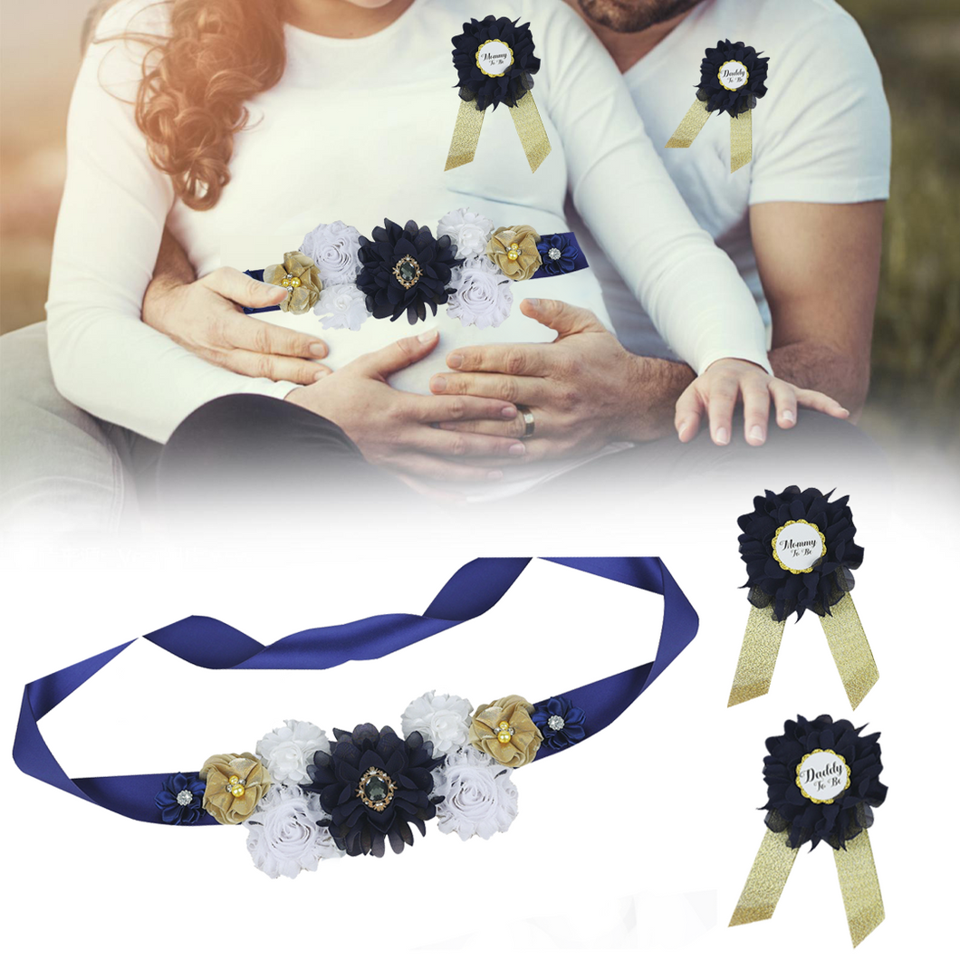 Babymoon Set of 3 Pregnant Mothers Maternity Belt with Mom & Dad Badges - Dark Blue