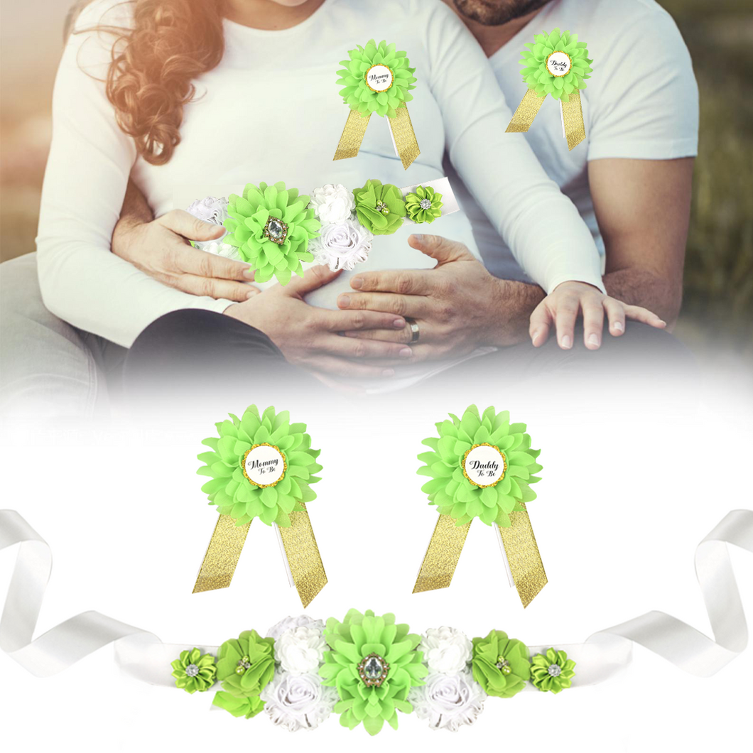 Babymoon Set of 3 Pregnant Mothers Maternity Belt with Mom & Dad Badges - Green