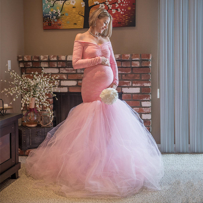 Babymoon Off Shoulder Full Sleeve Maternity Gown Dress - Pink