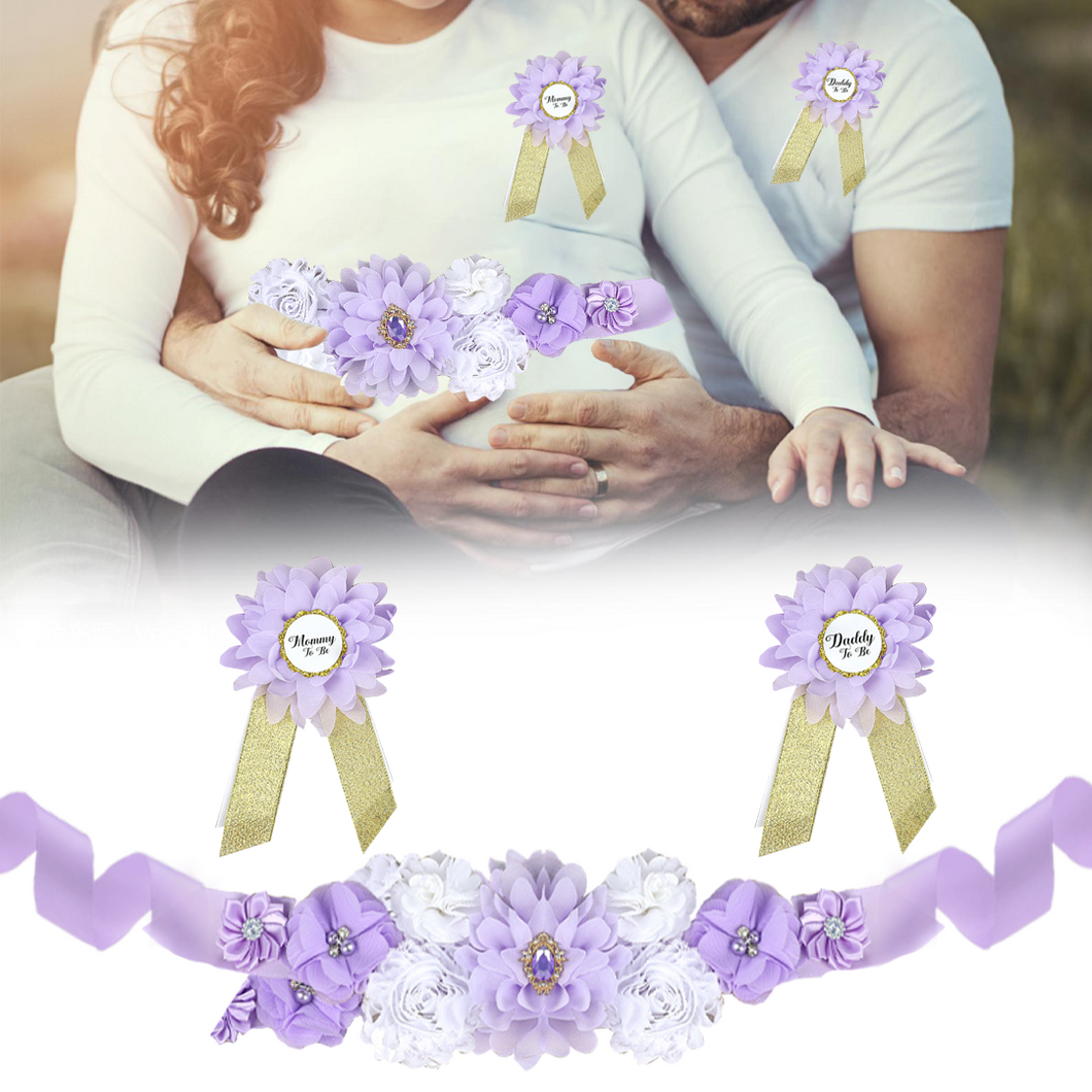 Babymoon Set of 3 Pregnant Mothers Maternity Belt with Mom & Dad Badges - Purple