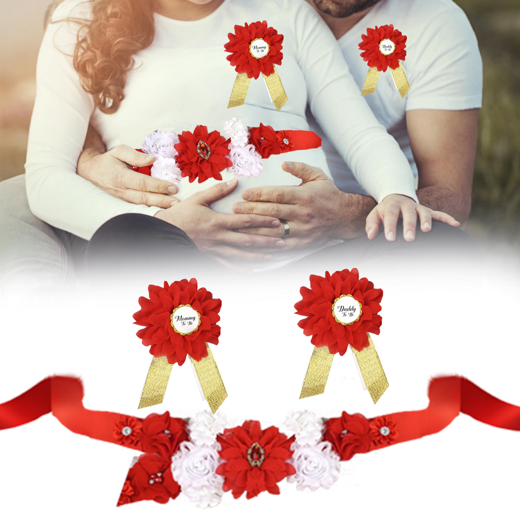 Babymoon Set of 3 Pregnant Mothers Maternity Belt with Mom & Dad Badges - Red