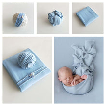 Load image into Gallery viewer, Babymoon ( Set of 3 ) Jersey Stretcheable Baby Photography Shoot Bean Bag Layer,Hairband And Wrap-Light Blue
