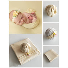 Load image into Gallery viewer, Babymoon ( Set of 3 ) Jersey stretchable Baby Photography Shoot Bean Bag Layer,Hairband And Wrap-Yellow
