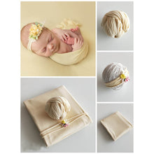 Load image into Gallery viewer, Babymoon ( Set of 3 ) Jersey stretchable Baby Photography Shoot Bean Bag Layer,Hairband And Wrap-Yellow