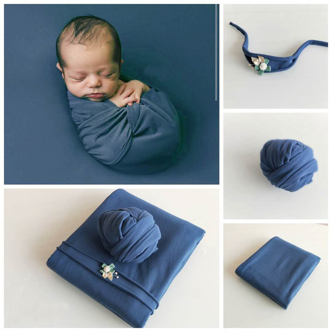 Babymoon ( Set of 3 ) Jersey stretchable Baby Photography Shoot Bean Bag Layer,Hairband And Wrap-Dark Blue