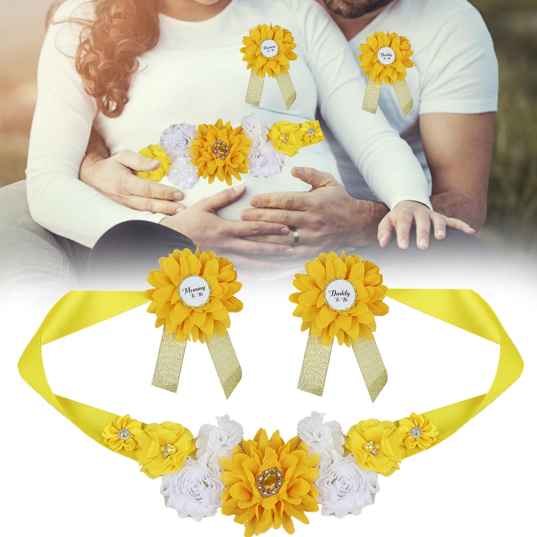 Babymoon Set of 3 Pregnant Mothers Maternity Belt with Mom & Dad Badges - Yellow