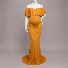 Load image into Gallery viewer, Babymoon Off Shoulder Ruffle Neck Stretchable Maternity Gown Dress | Yellow
