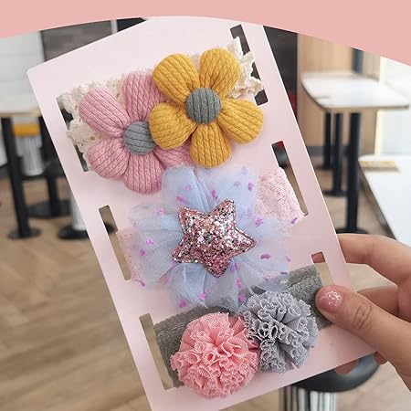 Babymoon | Set of 3 | Designer Princess Baby Girl’s Headbands | Hair Accessories | Flower Yellow  | Star Blue | Round Grey