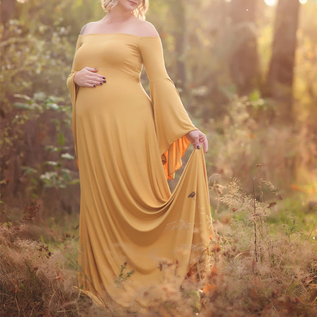 Babymoon Long Sleeve Long Tail Stretchable Maternity Gown Dress | Yellow