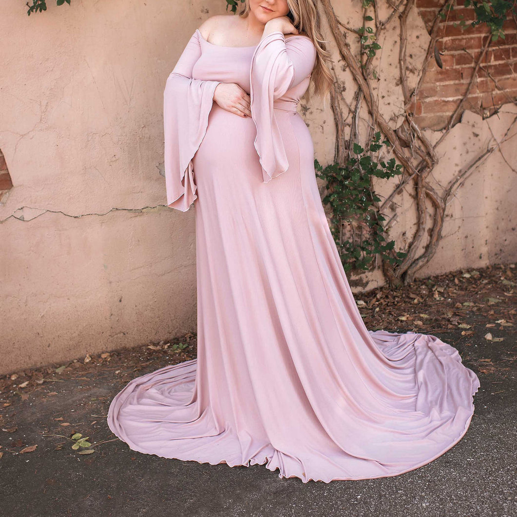 Babymoon Long Sleeve Long Tail Stretchable Maternity Gown Dress | Pink