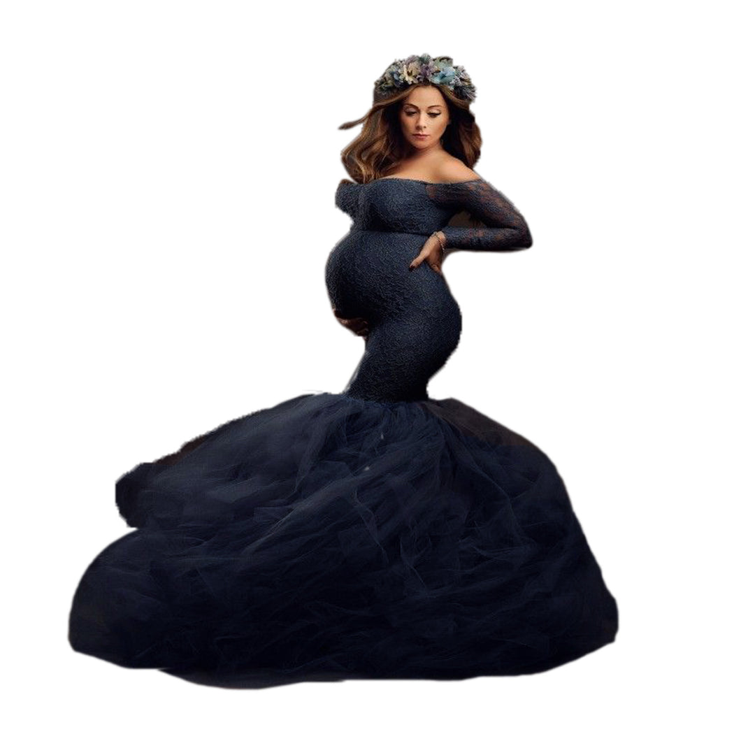 Babymoon Off Shoulder Maternity Gown Dress | Dark Blue