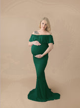 Load image into Gallery viewer, Babymoon Off Shoulder Ruffle Neck Stretchable Maternity Gown Dress | Green
