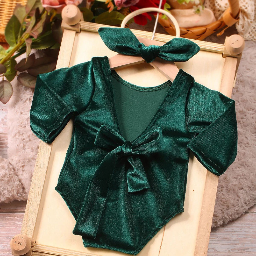 Babymoon Set of 2 | Baby Girl Velvet Romper & Hairband | Baby Photoshoot Props | Costume | Green | 0-1 Months