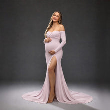 Load image into Gallery viewer, Babymoon Off Shoulder Full Sleeve Maternity Gown Dress - Pink
