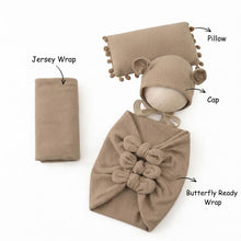 Load image into Gallery viewer, Babymoon (Set Of 4) Butterfly Ready Wrap, Jersey wrap, Pillow &amp; Cap Baby Photography Props-Light Brown

