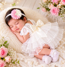 Load image into Gallery viewer, Babymoon Set of 2 | Baby Girls Lace Floral Net Frock with Headband | Princess Party Dress | Baby Girls Frock | Baby Photoshoot Props | 0-1 Months
