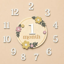 Load image into Gallery viewer, Babymoon Wooden Baby Monthly Milestone Cards Sign Set for Baby Photoshoot Props | 1-12 Months Interchangeable Numbers Tiles Prop Board with Glue Dots Product Photoshoot| Baby Boys &amp; Girl’s Gift – Floral Design
