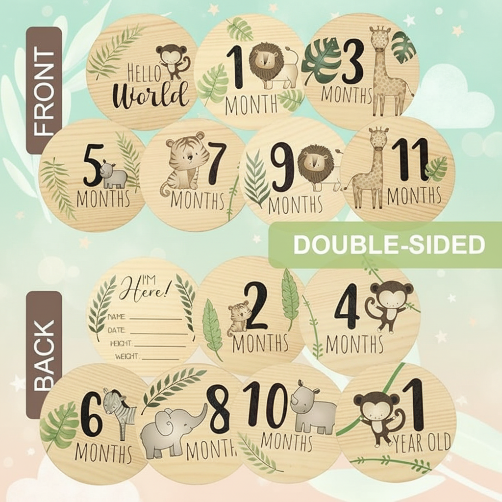 Babymoon Wooden 7pc Double Sided Monthly Baby Milestone Cards | Baby Growth Cards | Monthly Cards | Baby Shower Gifts