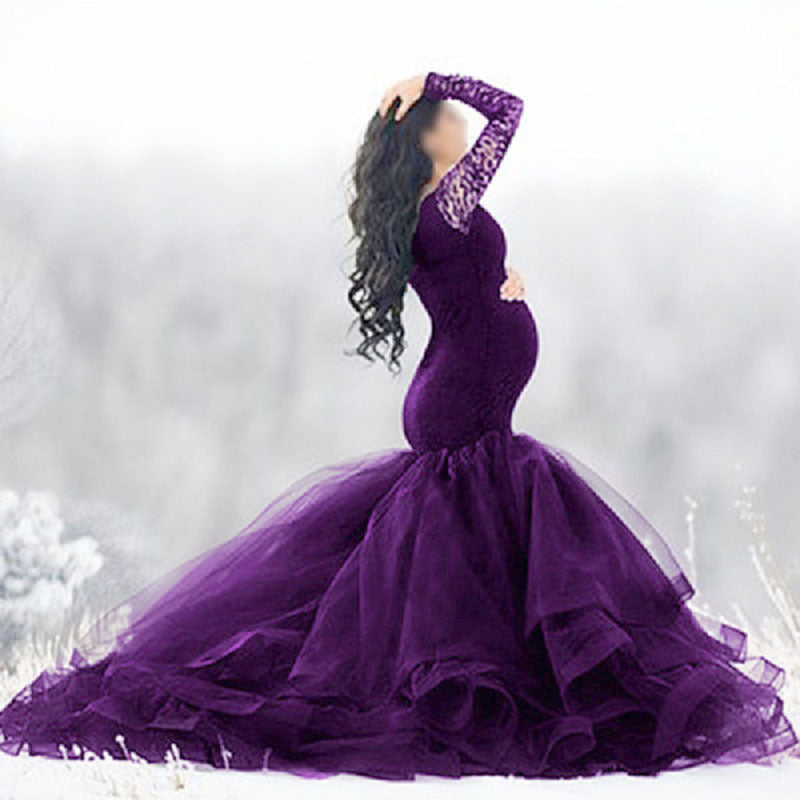 Babymoon Off Shoulder Maternity Gown Dress - Purple