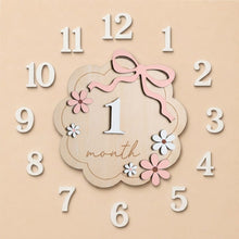 Load image into Gallery viewer, Babymoon Wooden Baby Monthly Milestone Cards Sign Set for Baby Photoshoot Props | 1-12 Months Interchangeable Number Tiles Prop Board with Glue Dots Product Photoshoot| Baby Boys &amp; Girl’s Gift – Bow Design

