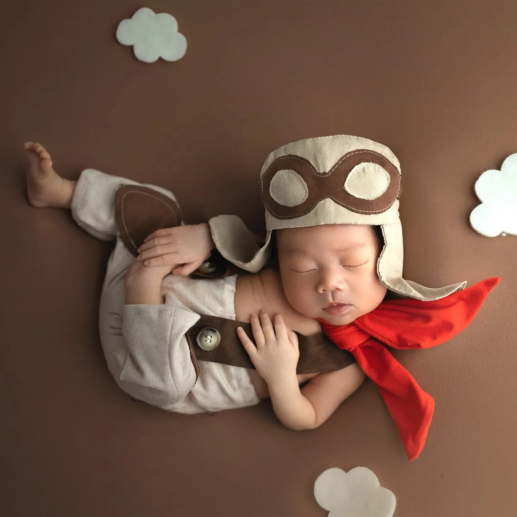 Babymoon Set of 3 | Avaitor Costume | Suspender, Hat, Scarf | Baby Photoshoot Props | 0-1 Month