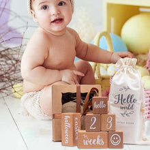 Load image into Gallery viewer, Babymoon Set of 8 | Milestone Timeline Wooden Calendar Blocks | Monthly-Yearly Birthday Blocks | Baby Photoshoot Props | Brown
