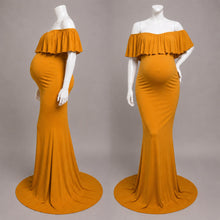 Load image into Gallery viewer, Babymoon Off Shoulder Ruffle Neck Stretchable Maternity Gown Dress | Yellow
