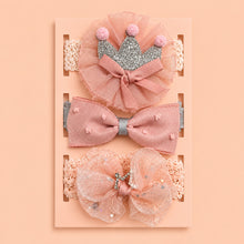 Load image into Gallery viewer, Babymoon | Set of 3 | Designer Princess Baby Girl’s Headbands | Hair Accessories | Crown Pink  | Bow Pink | Bow White
