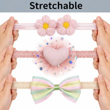 Load image into Gallery viewer, Babymoon | Set of 3 | Designer Princess Baby Girl’s Headbands | Hair Accessories | Flower Pink | Heart Blue | Bow Multi
