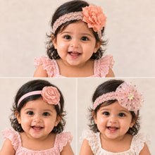 Load image into Gallery viewer, Babymoon | Set of 3 | Designer Princess Baby Girl’s Headbands | Hair Accessories | Flower Peach | White Flower
